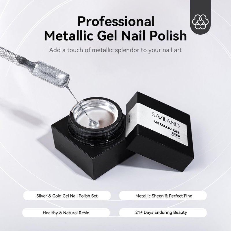 SAVILAND Metallic Gel Nail Polish Set: Silver & Gold Chrome Gel Polish 3D Metal Painting Gels Mirror Nail Polish Soak Off UV LED Chrome 3D Effect Nail Glue Gels for Salon Manicure Home DIY