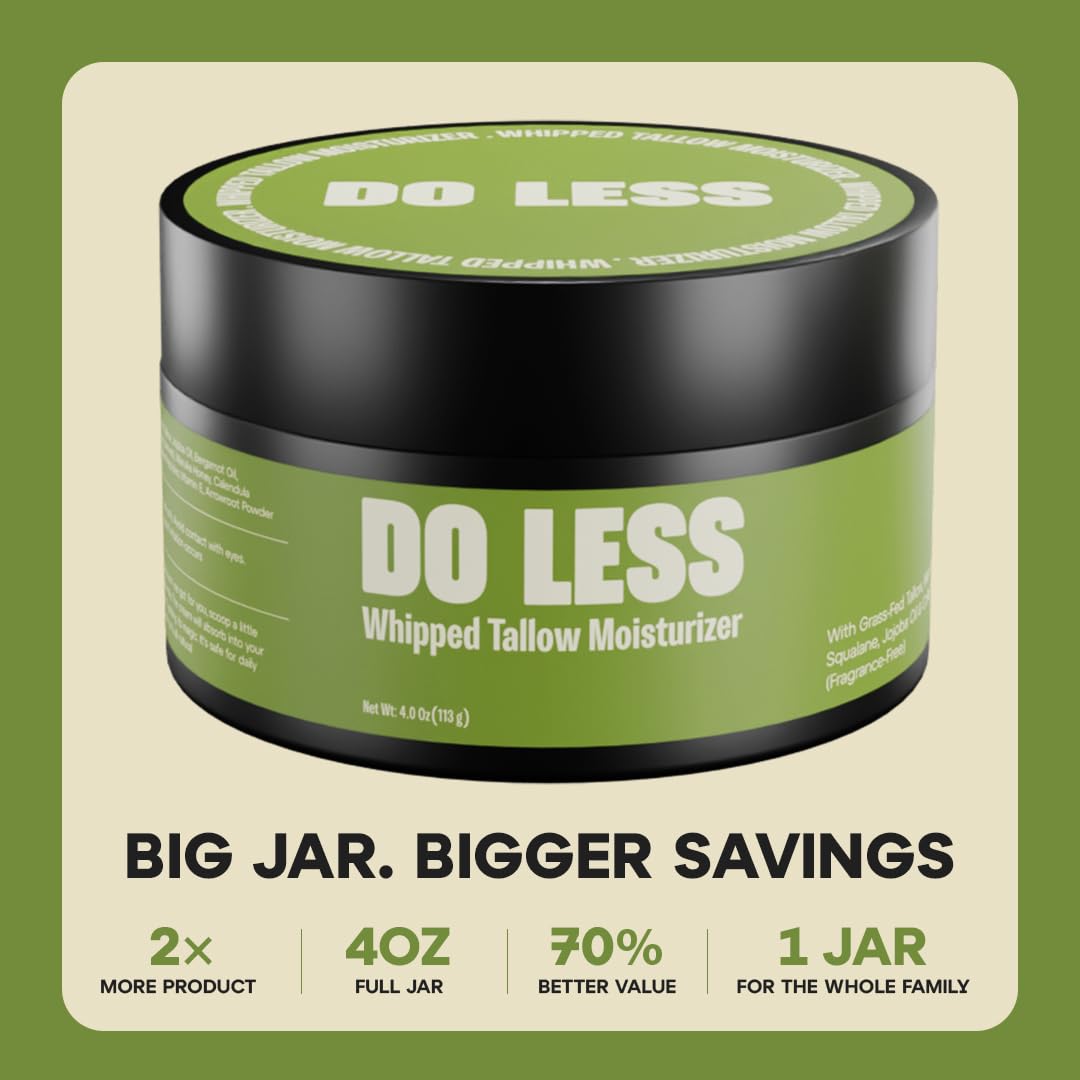 Do Less Whipped Beef Tallow Moisturizer for Skin, Face & Body, Deep Hydration for Dry Sensitive Skin with Grass-Fed Tallow, Manuka Honey & Jojoba Oil, 4oz
