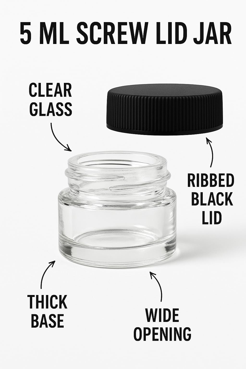 100 Pack 5ml Jar Screw Lid Black - Small Glass Cosmetic Packaging Container for Cream, Wax, and Balms
