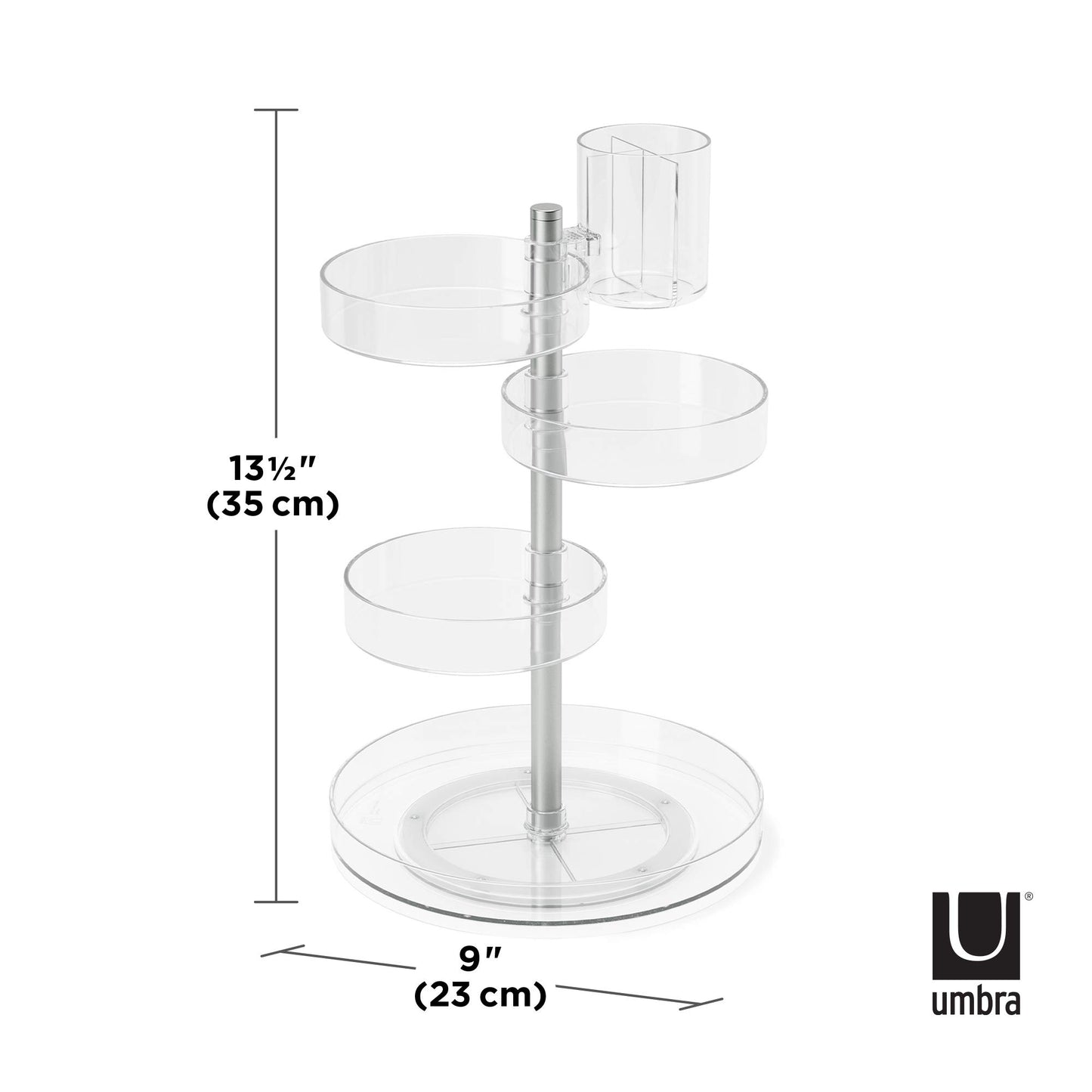 Umbra Pirouette Cosmetic Organizer, Large Capacity Makeup Storage with Adjustable Compartments, Clear/Nickel