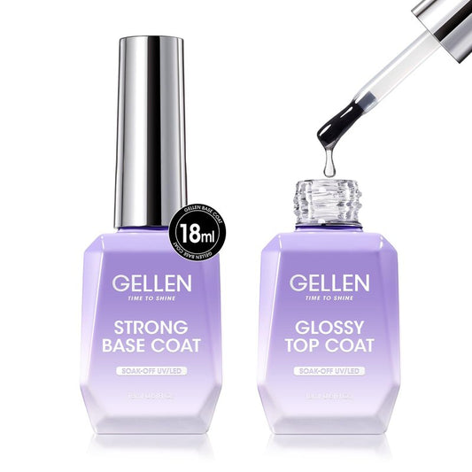 GELLEN Gel Top Coat and Base Coat, 2 Pcs 18ml Superior Base Coat Top Coat Set, No Wipe Soak Off Ultra Glossy Nail Gel, UV LED Needed Clear Nail Polish, Long Lasting for 28+ Days