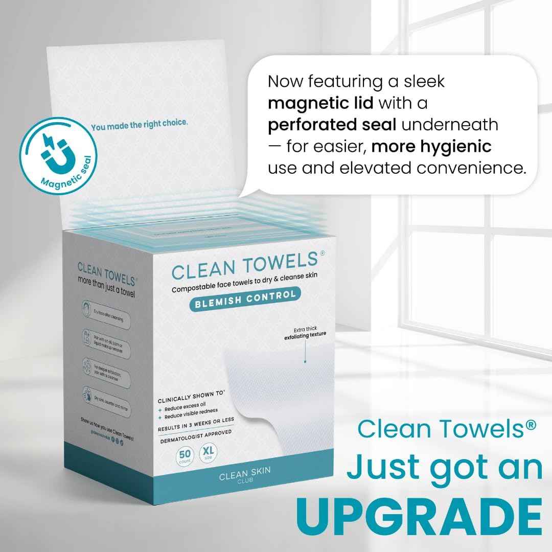 Clean Skin Club Blemish Control Clean Towels® XL, Compostable Face Towels, Light Exfoliation for Oily Skin, Eczema Association Accepted Disposable Face Towelette, Makeup Remover Dry Wipes, 50 count