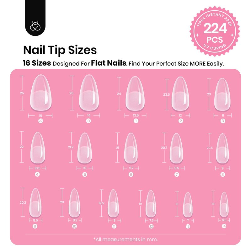 Beetles Tipex Gel Nail Kit, Medium Almond Nail Tips 224 Pcs 16 Sizes Pre-Building Pre-Etched False Nail Tips with Tipex Nail Glue, Mini Nail Lamp Thick Acrylic Nail Set