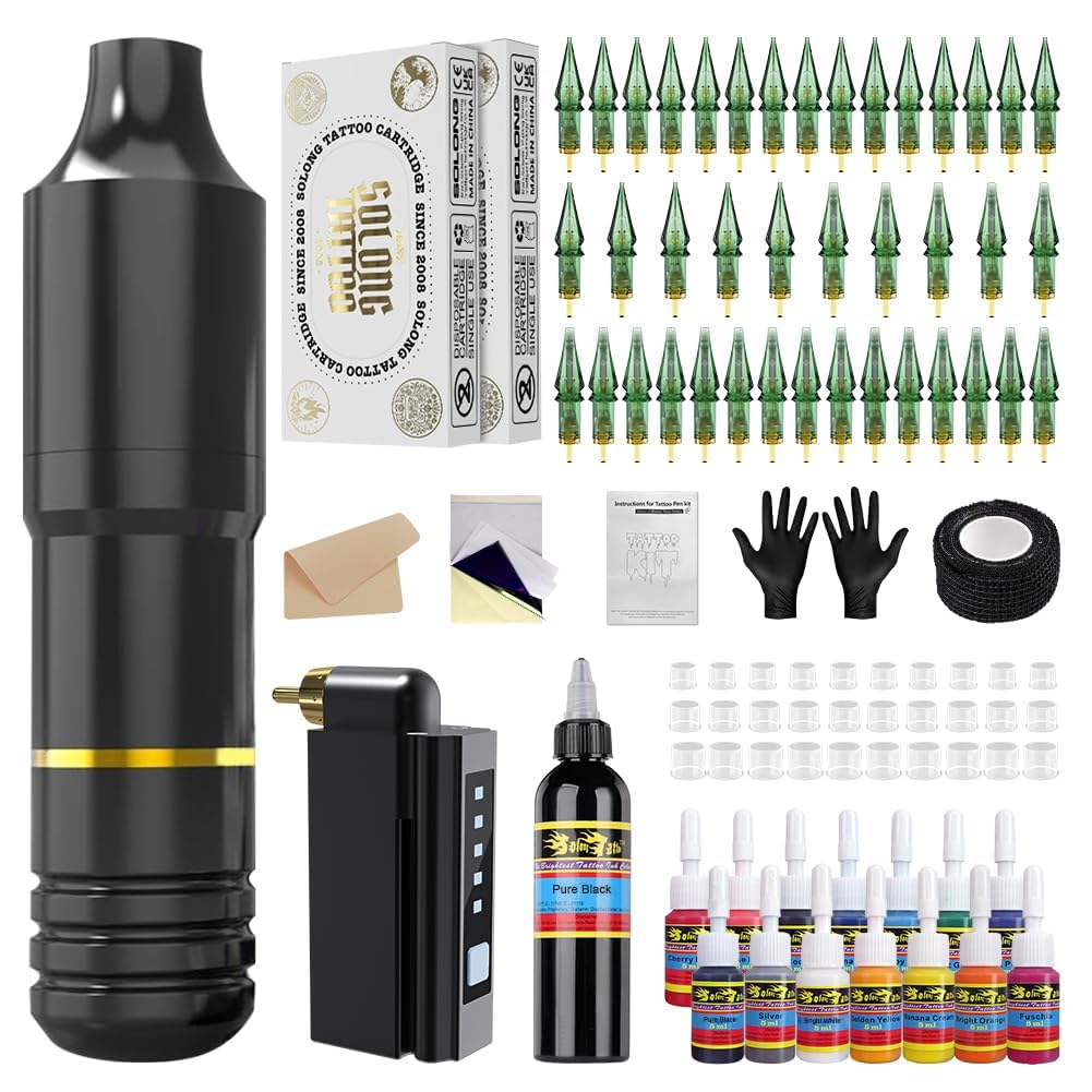 Wireless Tattoo Gun,Solong Tattoo Gun Wireless Complete Tattoo Kit with 40pcs EN01S Tattoo Cartridge Needles EM128EN01S-1-FBA-SL