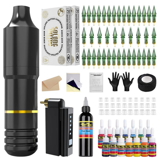 Wireless Tattoo Gun,Solong Tattoo Gun Wireless Complete Tattoo Kit with 40pcs EN01S Tattoo Cartridge Needles EM128EN01S-1-FBA-SL