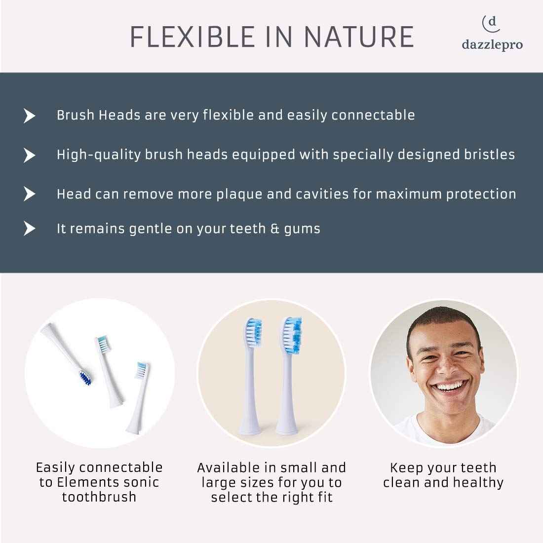 Dazzlepro Elements Toothbrush Heads - Compatible With Elements Sonic Toothbrush, Large, Soft Bristles, Large- Replacement Brush Heads, Large (Pack of 3)