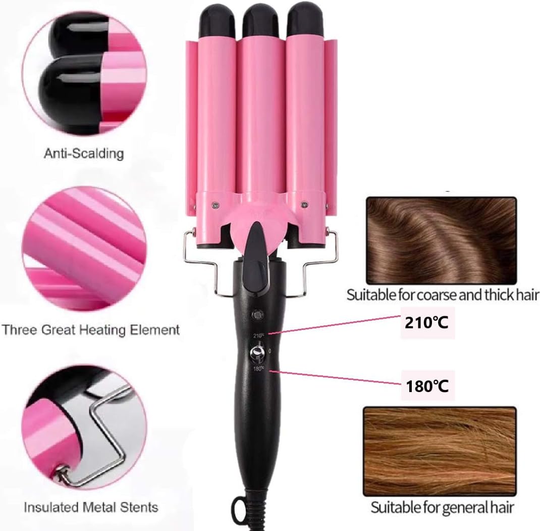 3 Barrel Curling Iron Wand - 26mm Adjustable Temperature Ceramic Hair Waver | Pink
