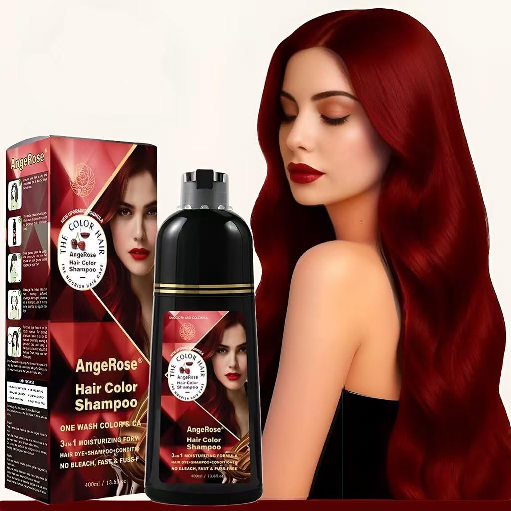 AngeRose Hair Dye Shampoo 3 in 1, Instant Herb Ingrident Hair Dye to Cover Gray Hair, Long-lasting & Natual, Wine Red, 400 ML