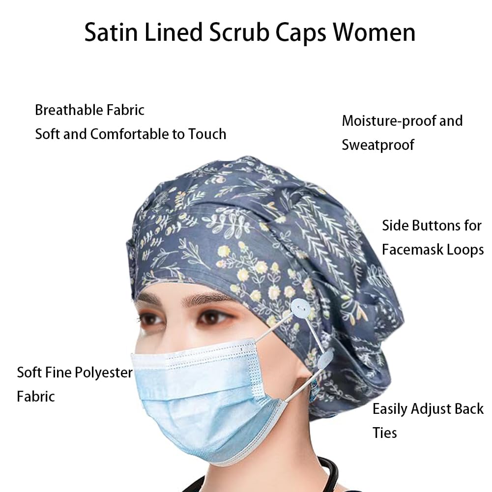6PCS Bouffant Scrub Caps Women, Satin Lined Scrub Caps Women, Adjustable Surgical Cap for Womens, Nurse Cap with Button and Sweatband, Unisex Scrub Hats, One Size Multi Color