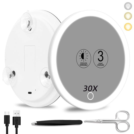 Suupvaor 30x Magnifying Mirror with Light, 3 Color Modes, Dimmable, Rechargeable, 6" Viewing Area, 3 Suction Cups, Travel Makeup Mirror, High Magnification, Includes Tweezers & Scissors
