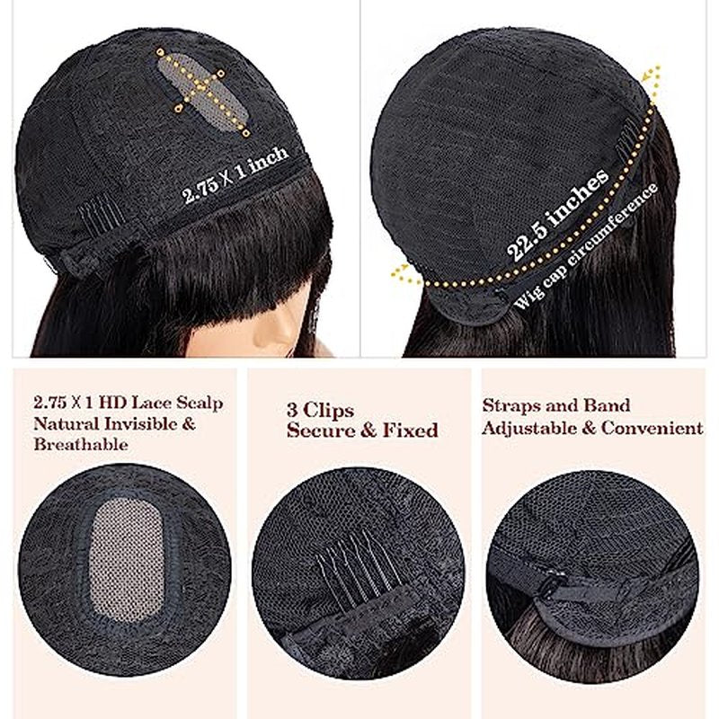 Benehair 12 Inch Light Yaki Straight Human Hair Wig Bob Wig with Bangs 2.75x1 Realistic Look Lace Glueless Wigs Human Hair Blunt Cut Short Black Bob Wig with Bangs 180% Density Natural Black