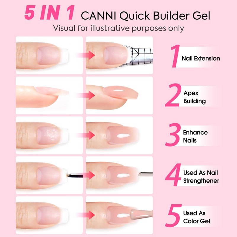 CANNI Quick Builder Nail Gel For Nails Set – 6 Colors 9ML Nude Soft Peach Pink, Soak Off UV LED Nail Extensions & Strengthening, Self-Leveling Builder Gel for DIY Manicure & Salon Use Women