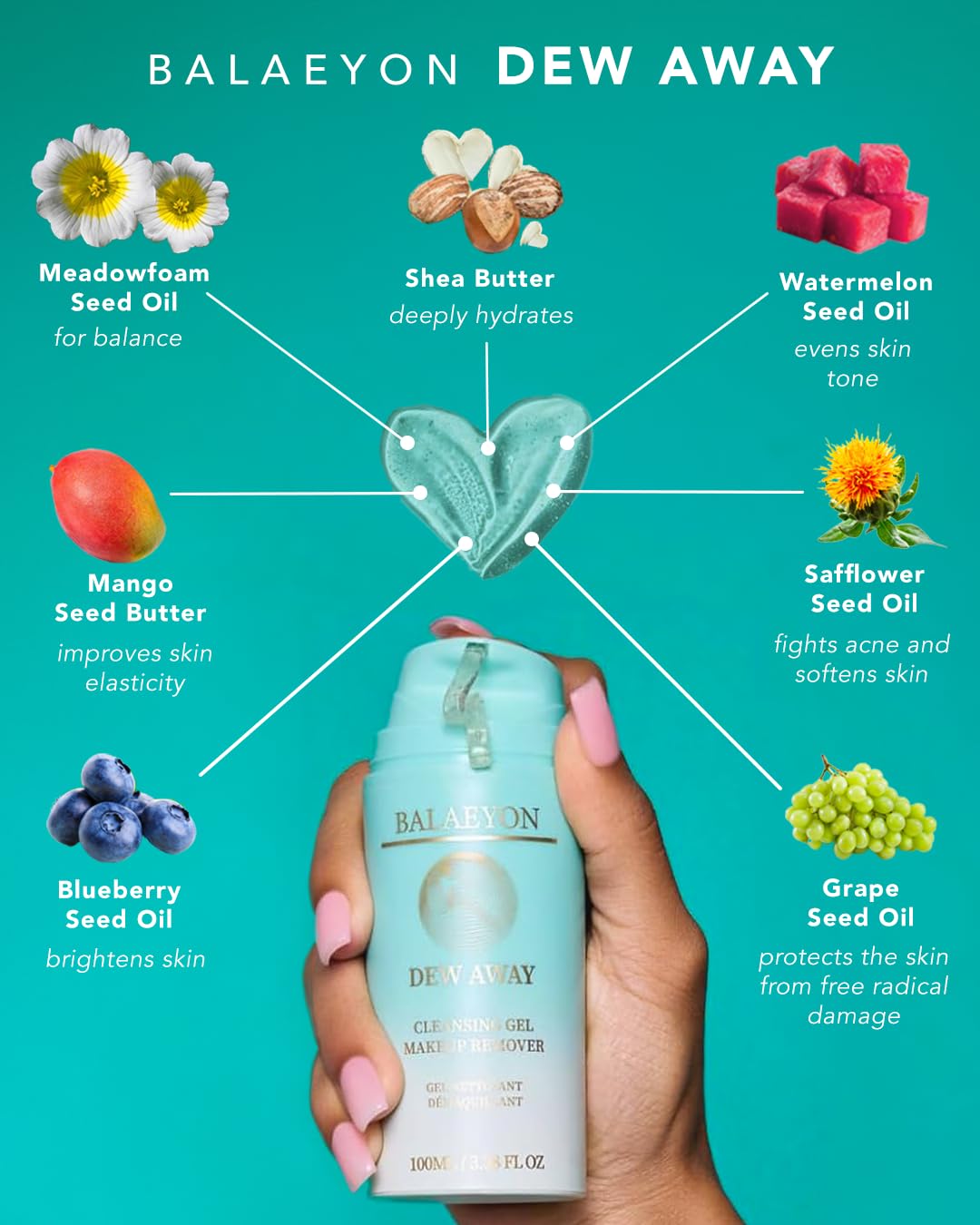 Balaeyon Cleansing Gel Makeup Remover, Removes Waterproof Mascara, 3-In-1 Cleanser, Oil Based, Moisturizing, Great For Sensitive Skin, All Natural, TSA Friendly, 3.38 fl oz