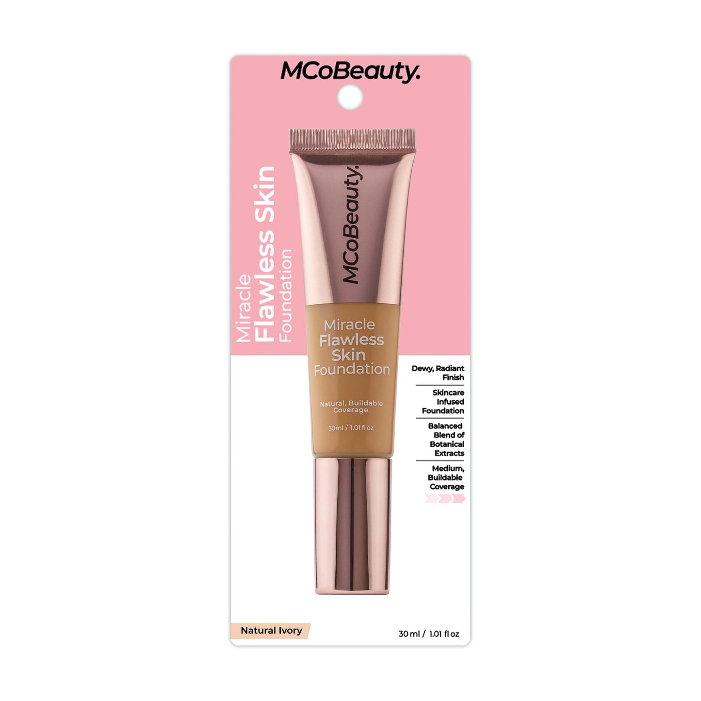 MCoBeauty Miracle Flawless Skin Liquid Foundation Natural Ivory - Buildable Medium Coverage Dewy Finish for All Skin Types - Hyaluronic Acid Coconut Water Rose Water Hydrating Face Makeup Vegan - 1