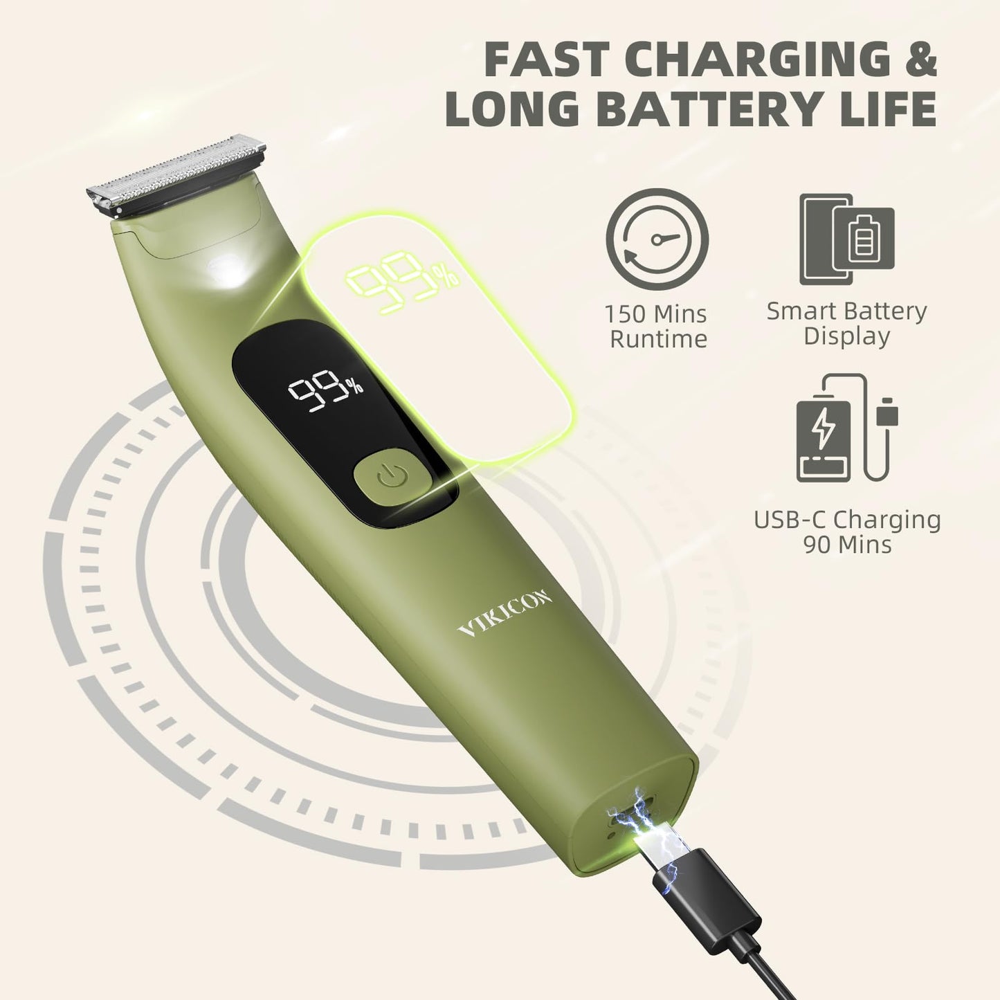 VIKICON Body Hair Trimmer for Men & Women: Safety Electric Razor for Pubic, Legs, Chest, Face w/Dual-Sided Single Blade & 5 Guide Combs, Waterproof Smooth Intimate Shaver, 150min Long Battery Life
