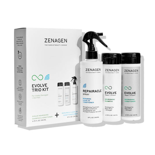 ZENAGEN Evolve Trio Kit for Visibly Damaged, Dull Hair | Nourishing Shampoo + Conditioner + Leave-In Conditioner, Restores Shine, Strength & Vitality, Plant-Based, Vegan, All Hair Types 1 ea