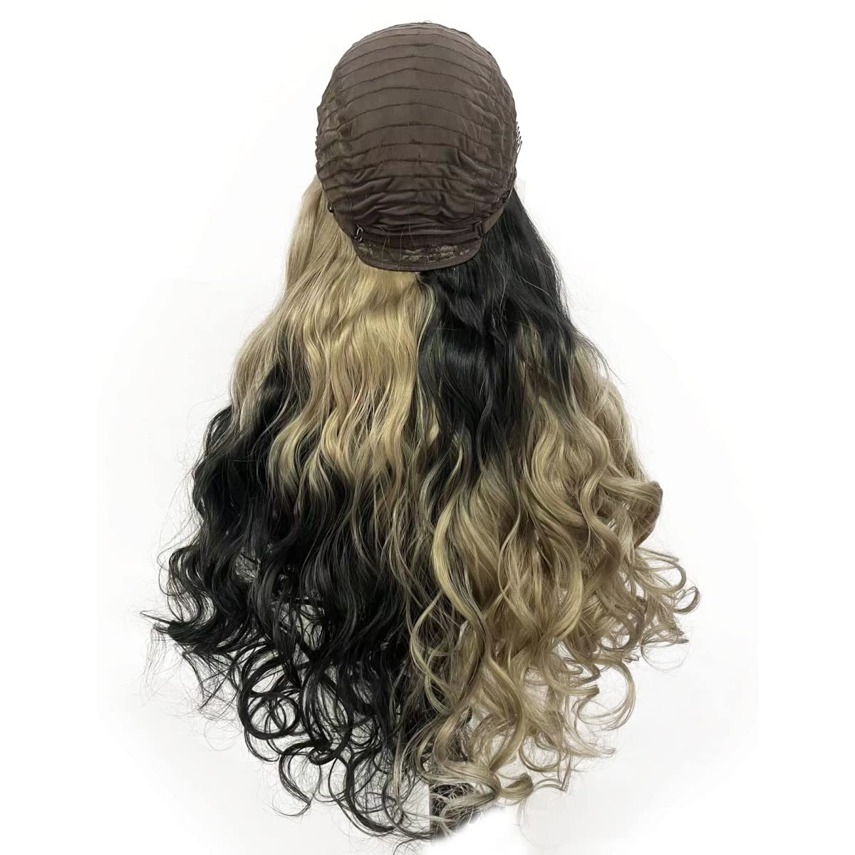 Peakia Long Wavy Blonde Black Ombre Natural Half Hand Tied Synthetic Lace Front Wig
