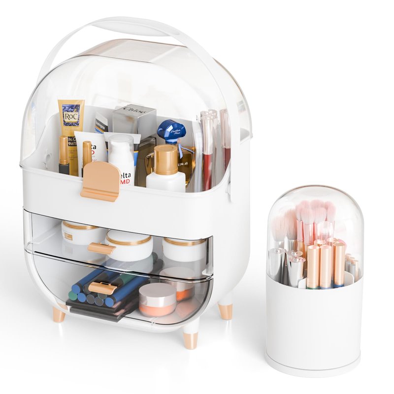 Yieach Makeup Skincare Organizer for Face Care Beauty Product,and Countertop Makeup Organizer with Cover,Make up Brush Holder,Large Capacity Cosmetic Storage Box & Caddy for Bathroom,Dresser,White