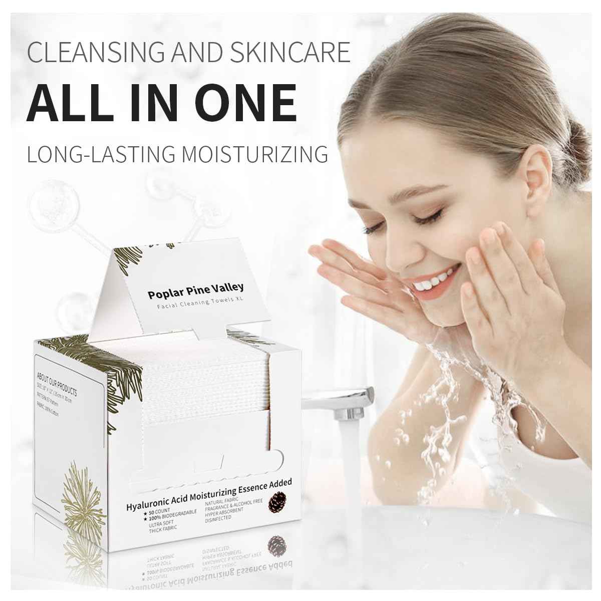 Poplar Pine Valley, Face Cleaning Towels, Makeup Remover Dry Wipes, Hyaluronic Acid, Skincare Towels for Face, Cleansing and Moisturizing, Cotton, Thick Soft, Travel, 50 Ct, 1 Pack