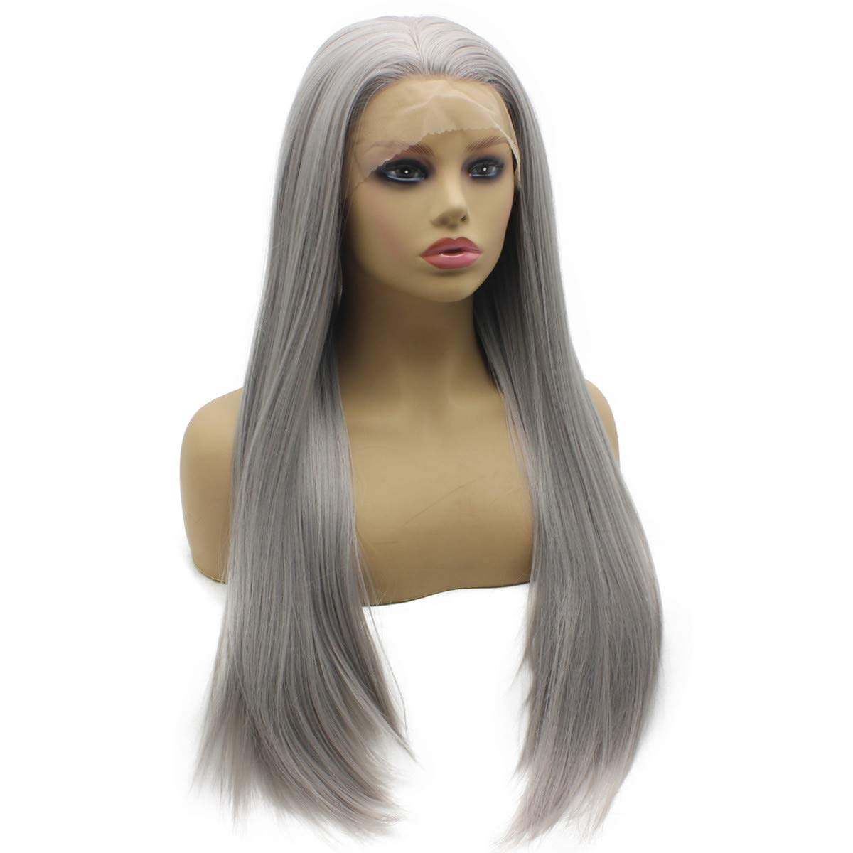 Iwona Gray Straight Wig Half Hand Tied Heat Resistant Fiber Hair Synthetic Lace Front Wig