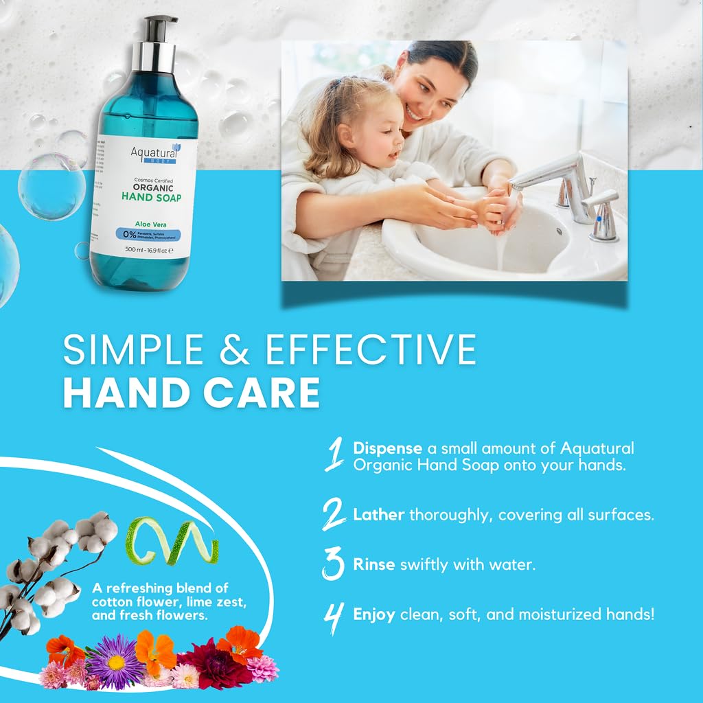 Aquatural Organic Hand Soap - Liquid Hand Soap with Aloe Vera - Plant Based, Cruelty-Free & Vegan - Moisturizing Wash - Paraben Free & Sulfate Free Natural Soap - Lavender Handsoap