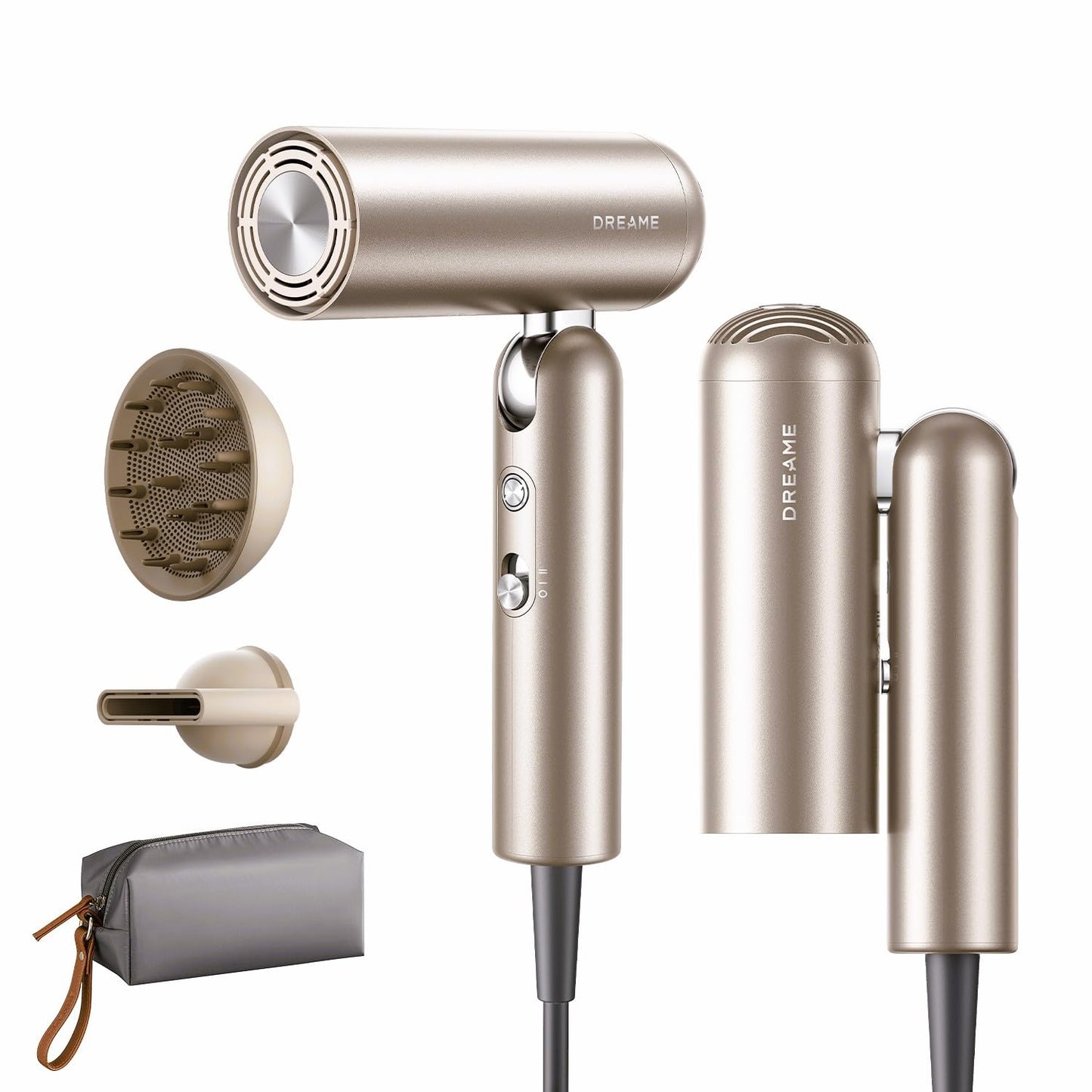 Dreame Pocket Pro Hair Dryer, Dual Voltage Travel Blow Dryer with Diffuser, 1300W Professional HighSpeed Ionic Hair Blower, Fast Drying, Low Noise, Lightweight, No Heat Damage, Global Travel 120V/240V