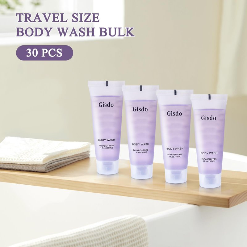 Gisdo Travel Size Body Wash Bulk (1 fl oz, 50 Pack), Refreshing Hotel Body Wash, Mini and Small Size Shower Gel, Guest Hotel Toiletries in Bulk