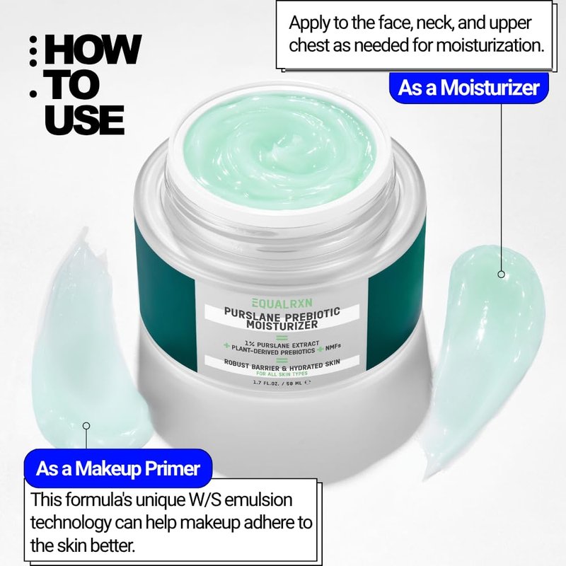 EqualRXN Purslane Prebiotic Moisturizer - Lightweight Daily Skin Repair Hydrating Gel-Cream with 1% Purslane Extract & Ceramide for All Skin Types