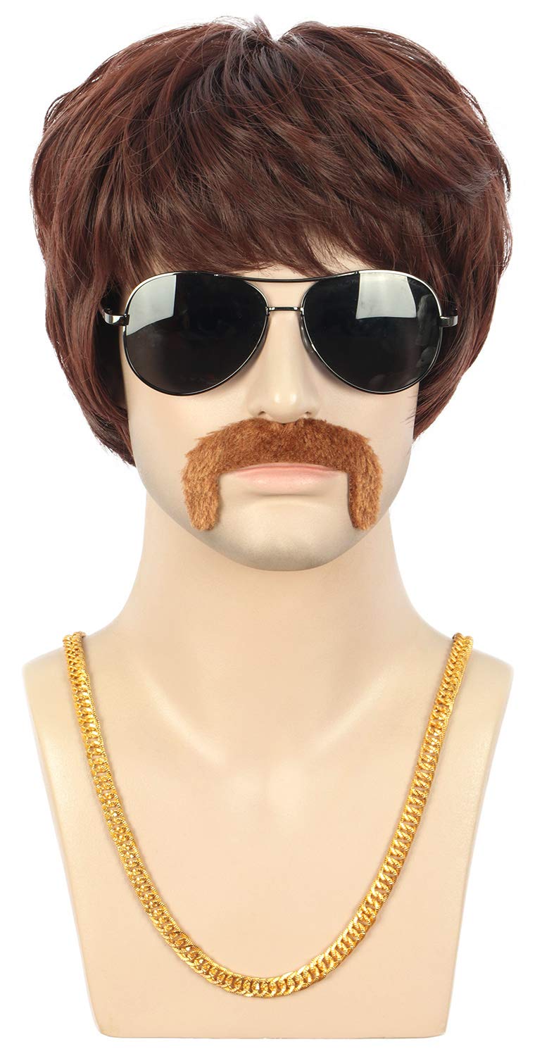 karlery Adult Men Short Straight Brown California 70s 80s Rocker Moustache Disco Wig with Necklace Halloween Costume Cosplay Anime Wig