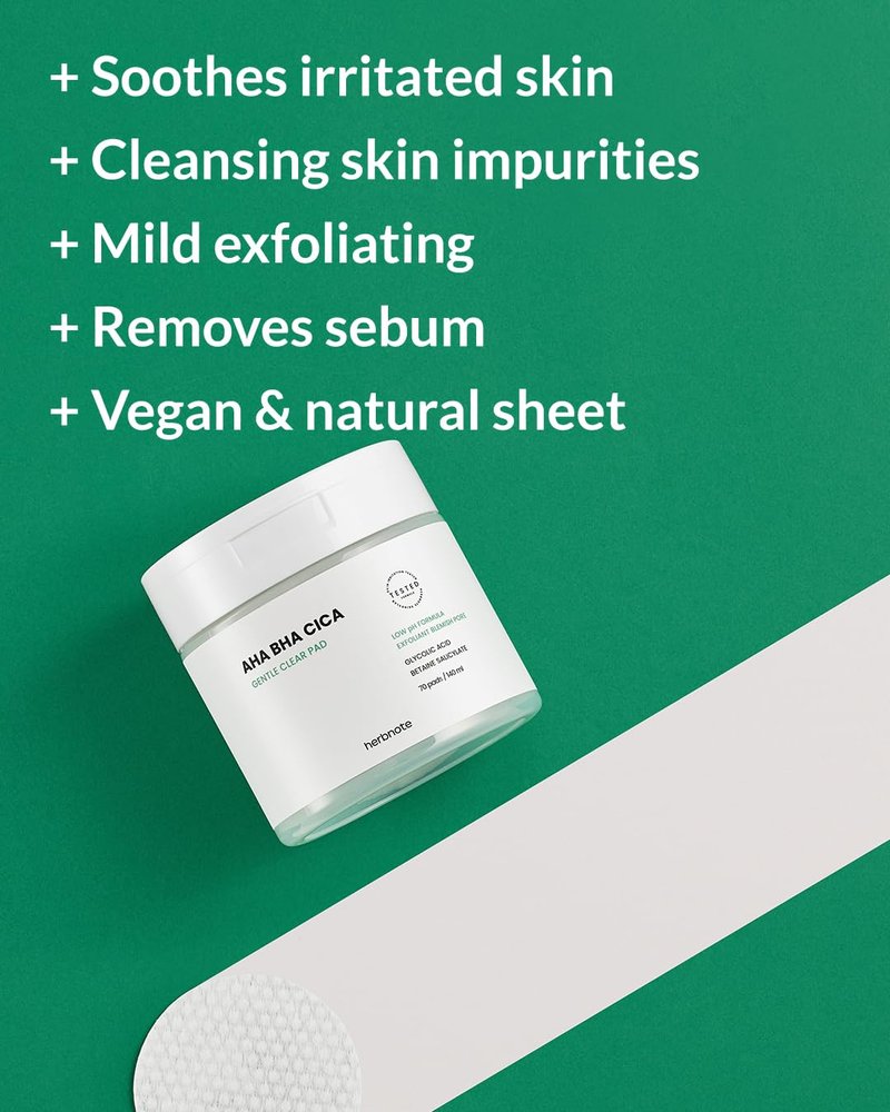 AHA BHA Cica Gentle Clear Pads - Exfoliating Facial Pads for Dead Skin, pH Balance & Pore Tightening | 70 Sheets