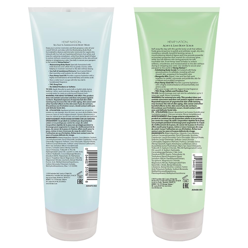 Australian Gold Hemp Nation Shower Bundle - Sea Salt & Sandalwood Body Wash (8 Fl Oz) and Agave & Lime Body Scrub (8 Fl Oz), Moisturizing Wash and Exfoliating Scrub, Pure Hemp Seed Oil