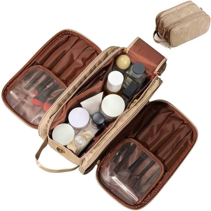 Large Capacity Makeup Toiletry Bag - 3-Layer Portable Organizer with Double Zippers | Light Brown