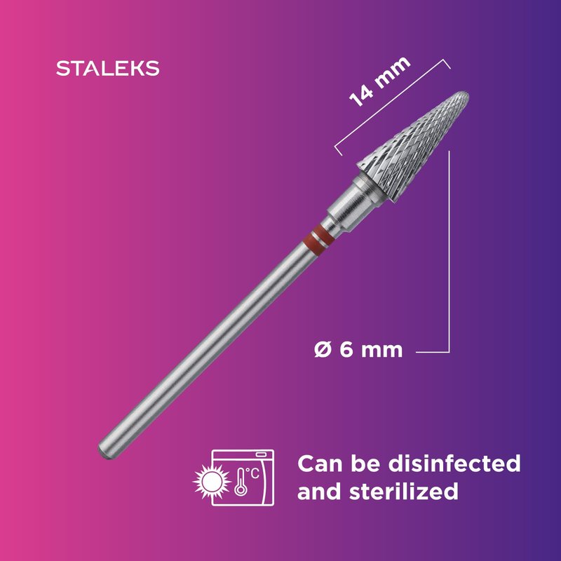 STALEKS PRO Expert Carbide Nail Drill Bit (Cone, Red, 6mm Head / 14mm WP) – for Left-Handed Users – Soft Hardness for Artificial Nail Correction & Skin Processing in Hardware Manicure/Pedicure