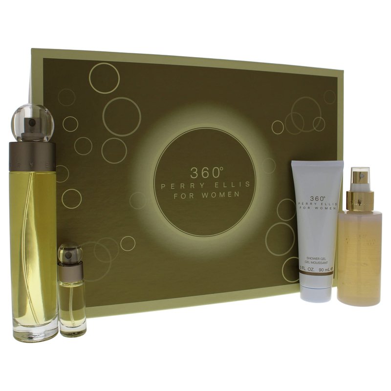 Perry Ellis 360 Women 3.4oz EDT Spray, 4oz Body Mist Spray, 3oz Shower Gel, 0.25oz EDT Spray 4 Pc Gift Set