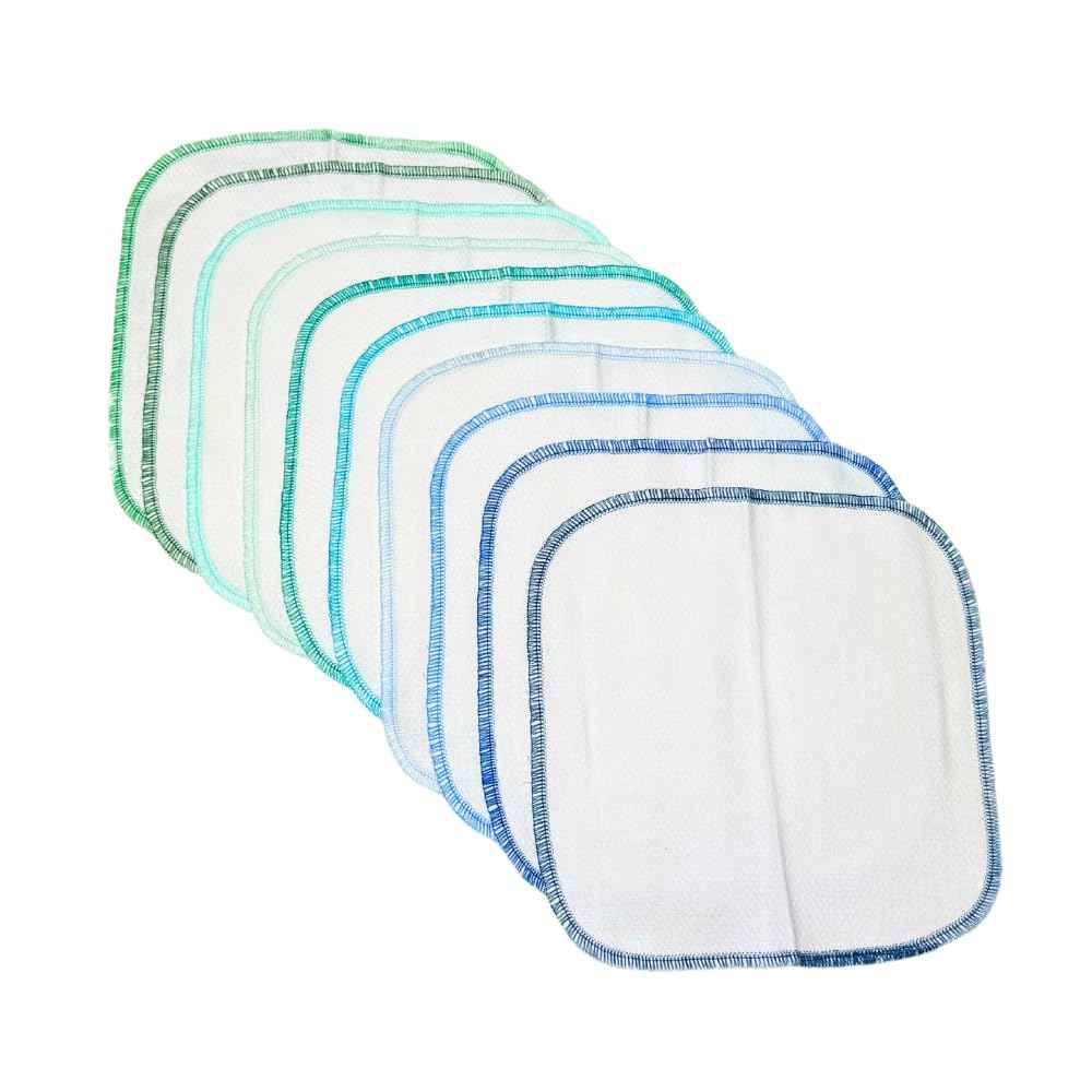 Gina's Soft Cloth Shop 1 Ply Organic Cotton Flannel Washable Baby Wipes 8 x 8 Inches Set of 10 Blues and Greens Handmade in the USA!