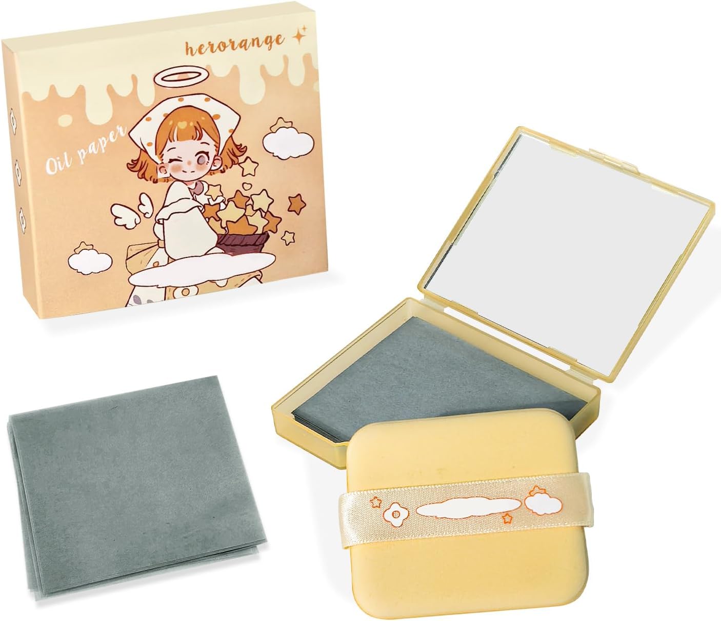 3-in-1 Oil Blotting Paper Set - 100 Sheets for Oily Skin | Portable Mirror & Adhesive Makeup Puff - Yellow