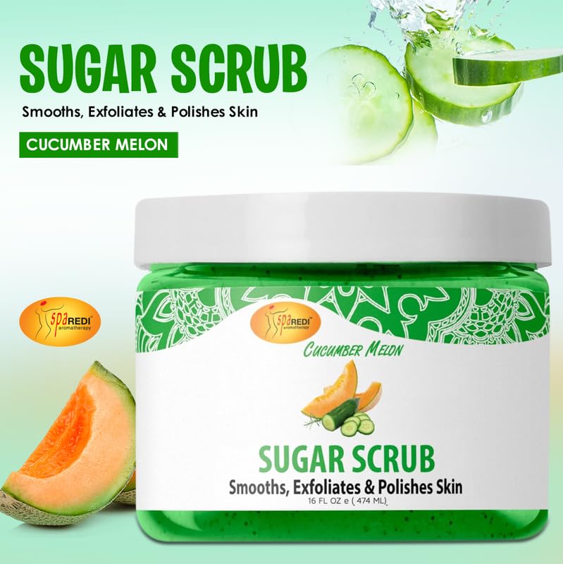 SPA REDI – Sugar Body Scrub, Cucumber Melon, 16 Oz, Exfoliating, Moisturizing, Hydrating and Nourishing, Glow, Polish, Smooth and Fresh Skin - Body Exfoliator