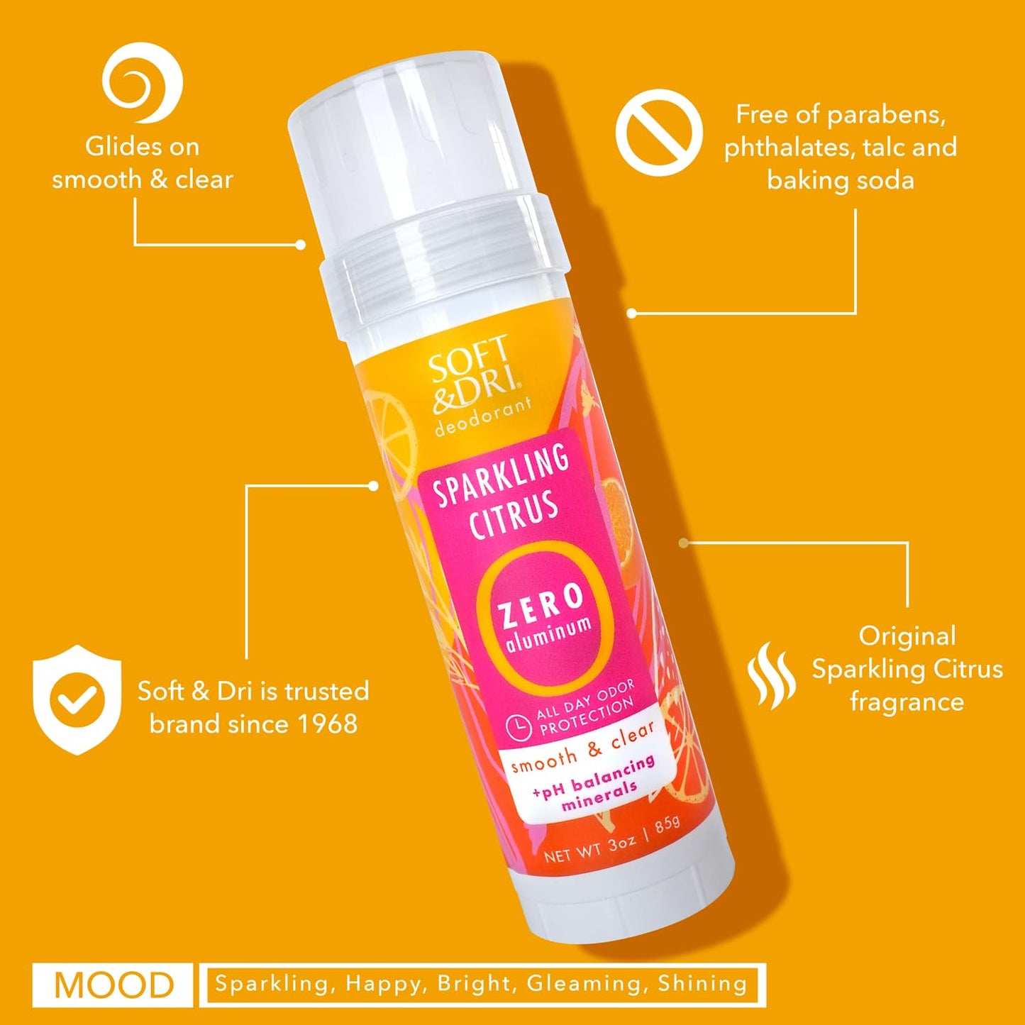 Soft & Dri Sparkling Citrus Aluminum Free Deodorant, 3 oz, Smooth and Clear Stick, pH Balancing Minerals, 3 pack