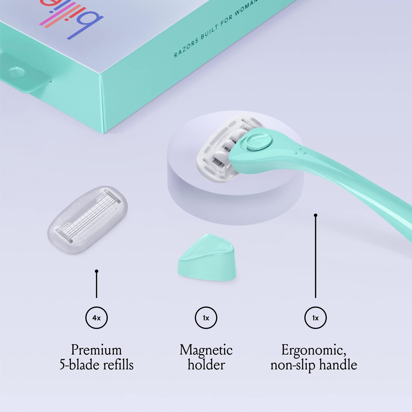 Billie Women's Shave Kit - Razor + 4 x 5-Blade Refills + Magnetic Holder + Travel Case - Minty & Cool Blue