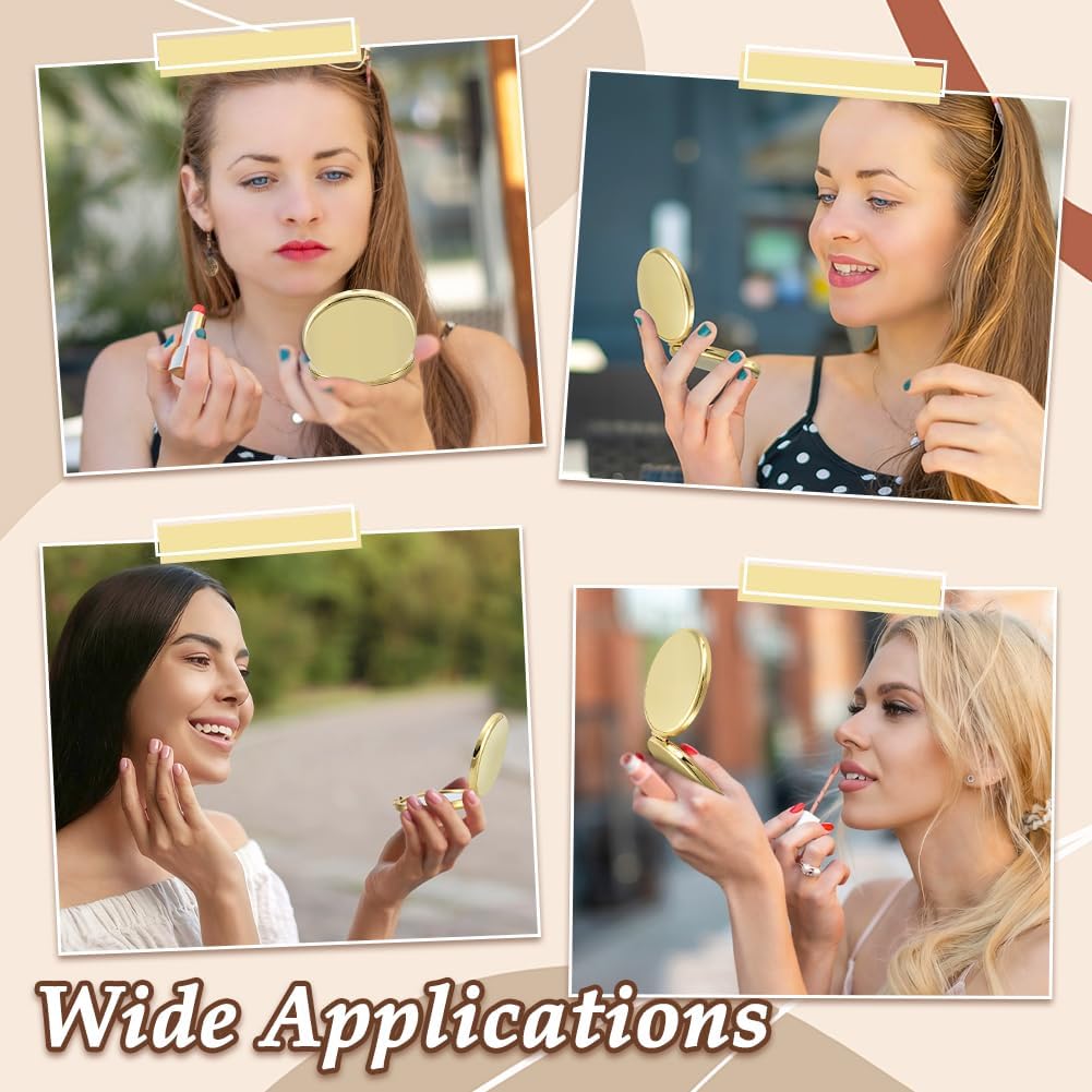 10 Pcs Small Folding Makeup Pocket Mirror - Golden Double-Sided 1X/2X Magnifying Round Mirrors for Travel & Work