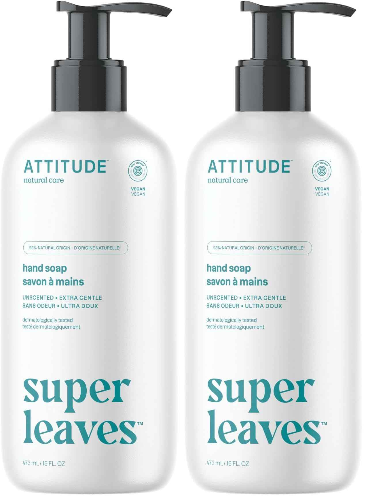 ATTITUDE Liquid Hand Soap, Plant- and Mineral-Based Formula, Vegan & Cruelty-free Personal Care Products, Hypoallergenic, Unscented, 16 Fl Oz (Pack of 2)
