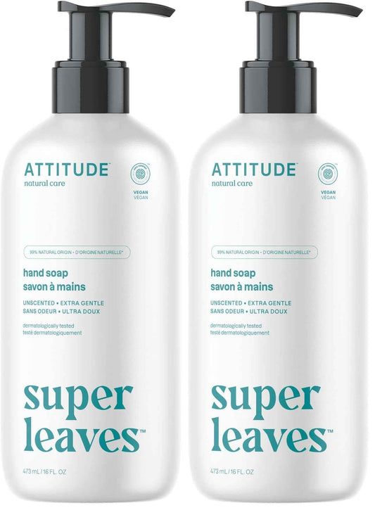 ATTITUDE Liquid Hand Soap, Plant- and Mineral-Based Formula, Vegan & Cruelty-free Personal Care Products, Hypoallergenic, Unscented, 16 Fl Oz (Pack of 2)