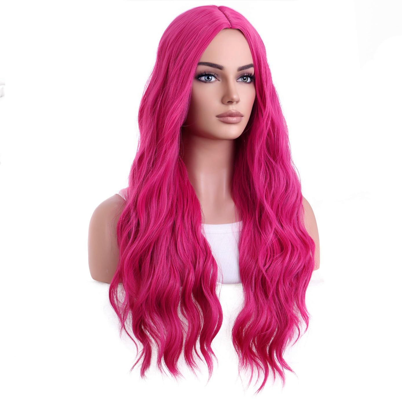 BERON Hot Pink Wigs Long Wavy Wig for Women Curly Heat Resistant Hair Wigs Halloween Cosplay Party with Wig Cap
