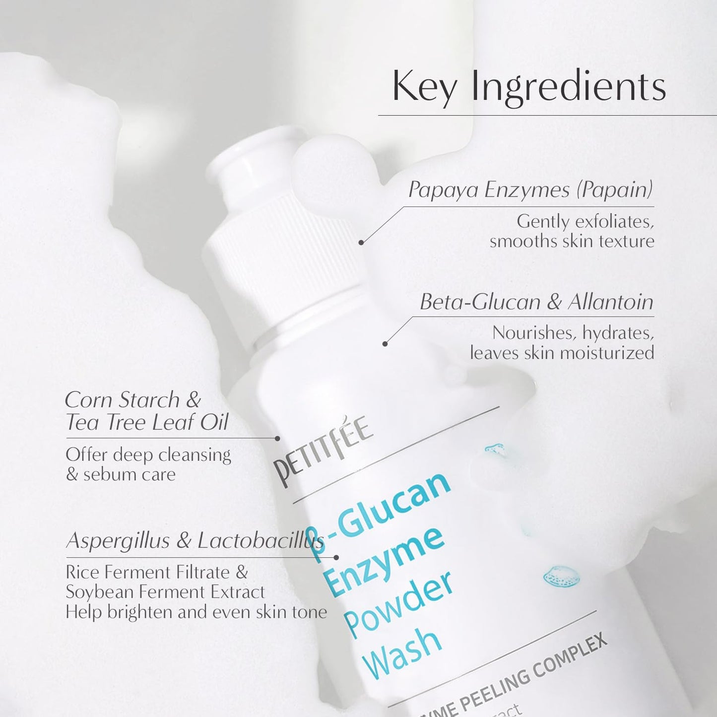 Petitfee B-Glucan Enzyme Wash, Facial Cleanser, Cleansing Powder with Papaya Extract Papain, Rice Ferment Extract for Gentle, Daily Exfoliation, Powder Soap, Cleansing Mask (80g (2.82o.z))