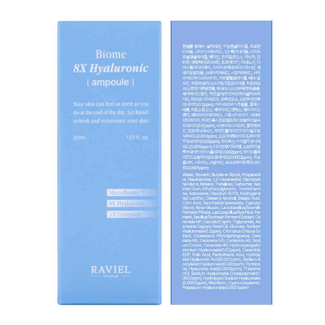 RAVIEL Biome 8X Hyaluronic Ampoule – Intensive Hydration & Pore Care Serum with 5X Ceramide for Dehydrated, Sensitive Skin, Korean Skincare, 30ml 1.01 fl oz