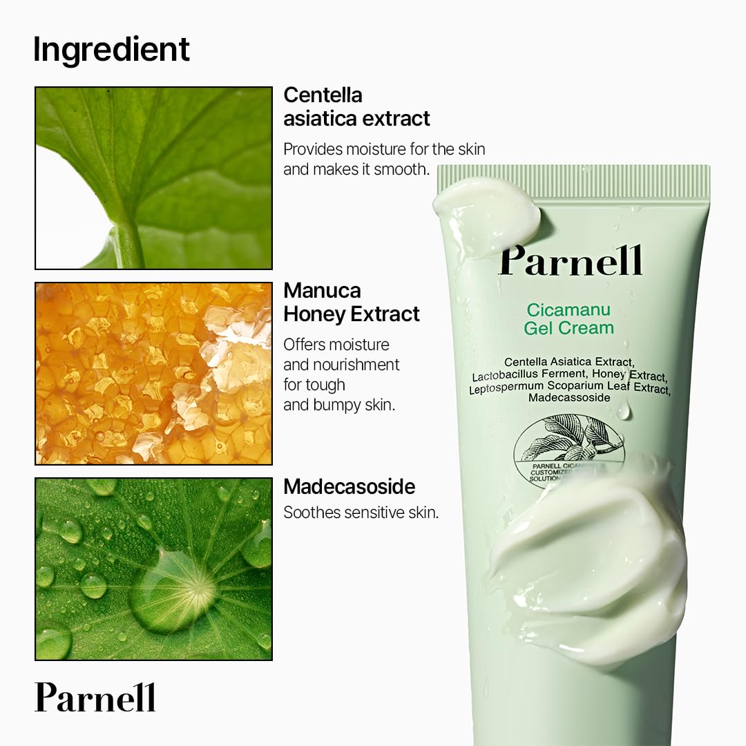 Parnell Cicamanu Gel Cream, Manuka Honey & Cica Moisturizer for Sensitive Skin. Hyaluronic Acid Soothing Face Cream (2.53 Fl Oz / 75ml)