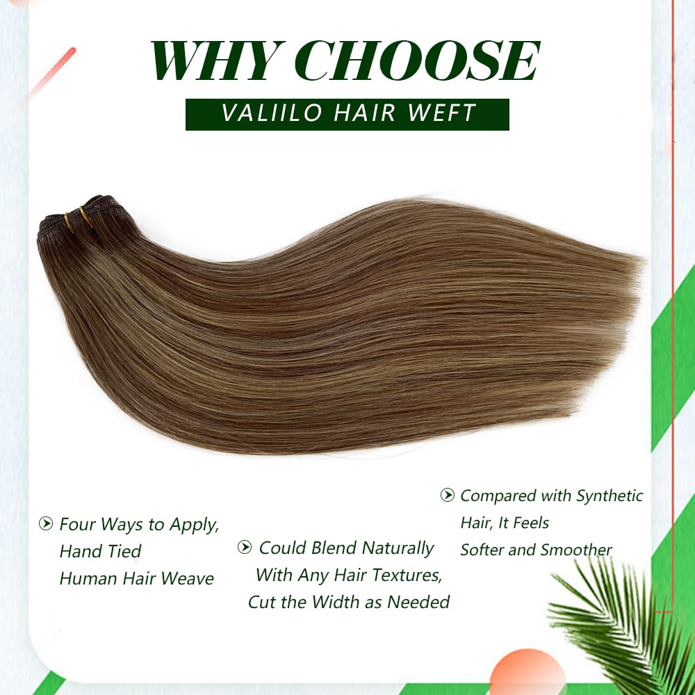 Balayage Highlights Hair Extensions Real Human Hair Sew in Double Weft Weave Bundles Hair Extension Ombre Chestnut Brown to Ash Blonde 14 Inch 80G