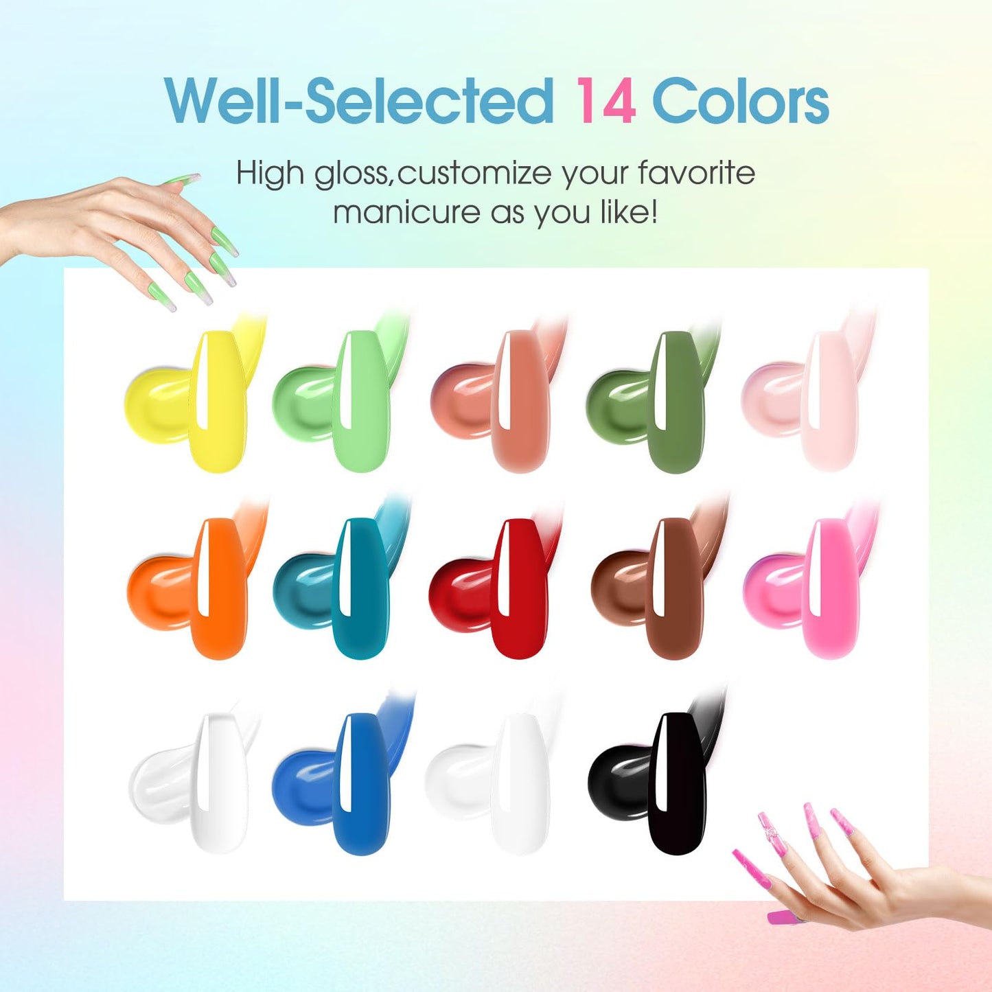 ROSALIND Neon Poly Nail Gel Kit, 14 Colors White Black Yellow Pink Poly Nail Gels Kit with Slip Solution and Mini Lamp Poly Nails Gel Starter Kits For All Seasons Beginner DIY at Home