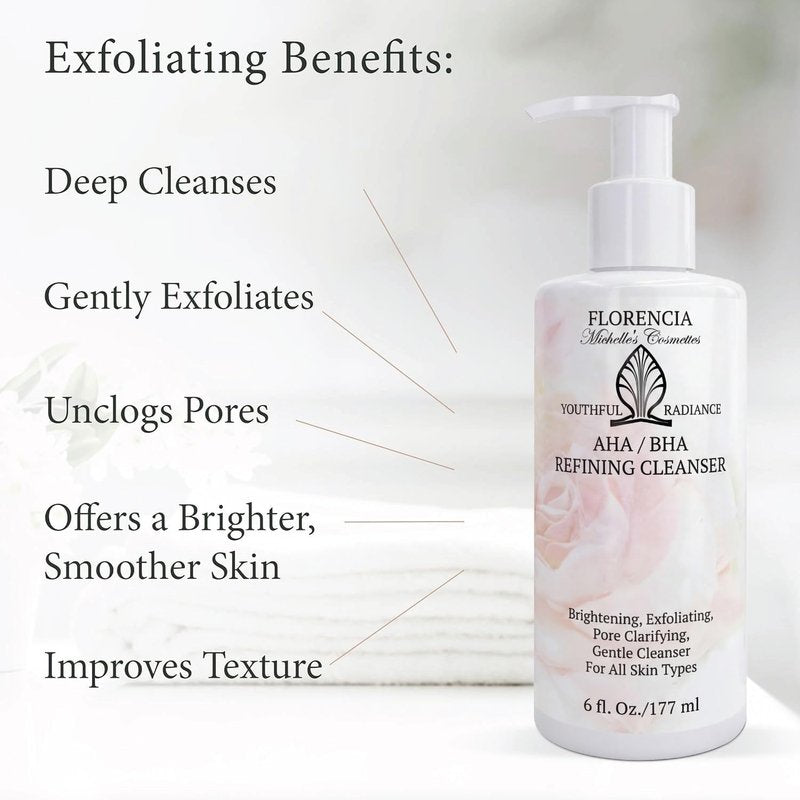 Florencia AHA BHA Refining Cleanser – Gentle Exfoliating Face Wash with Glycolic, Lactic & Salicylic Acid, Jojoba Beads, Foaming Cleanser for Pore Clarifying & Brightening Skin, 6 Fl Oz