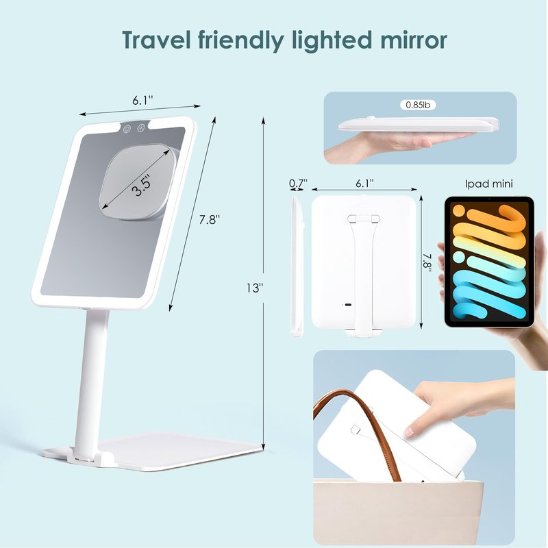 7.8" x 6.1" Rechargeable Travel Makeup Mirror with Lights and Small 10X Magnification, Foldable Stand with Adjustable Height & Angle, 3 Light Colors LED Lighted Vanity Mirror (White)